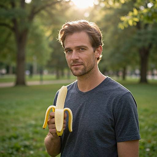 Photograph of a handsome, brown-haired man in a dark blue t-shirt holding a partially peeled banana in a sunny park.