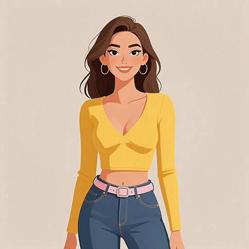 Digital illustration of a smiling woman with long brown hair, wearing a yellow crop top, blue jeans, pink belt, and hoop earrings.