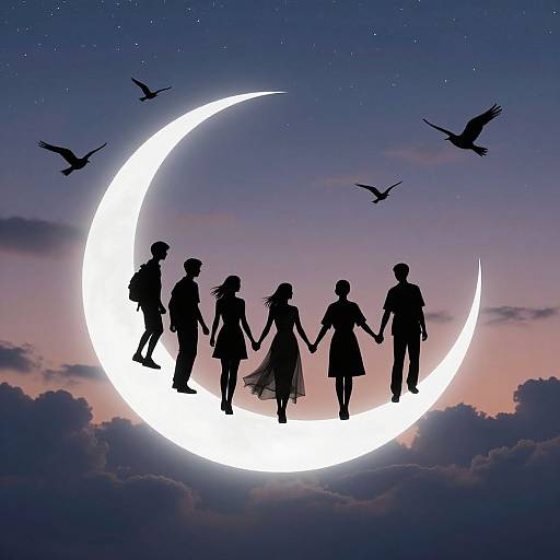Silhouetted group of five holding hands on a glowing crescent moon, with birds flying above, against a twilight sky. Digital art.