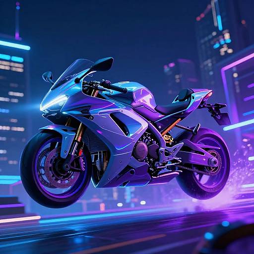Neon-lit cityscape at night, futuristic white and blue motorcycle with glowing headlights and purple accents, speeding with dynamic light trails.