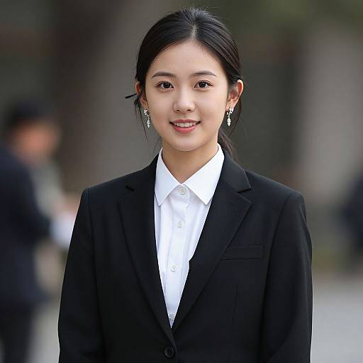 Photograph of an Asian woman with dark hair in a simple updo, wearing a black suit jacket and white shirt, smiling softly, adorned with silver
