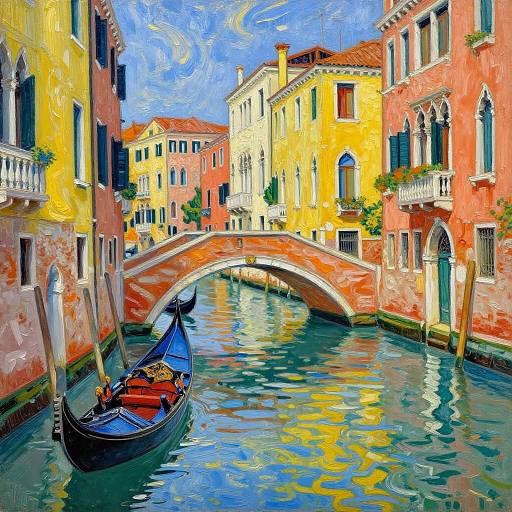 Vibrant digital painting of a gondola with a passenger on a colorful Venetian canal, under an arched stone bridge between yellow and