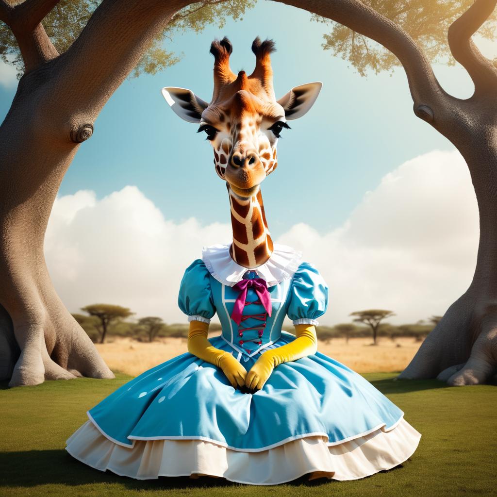 Whimsical Giraffe as Alice in Wonderland