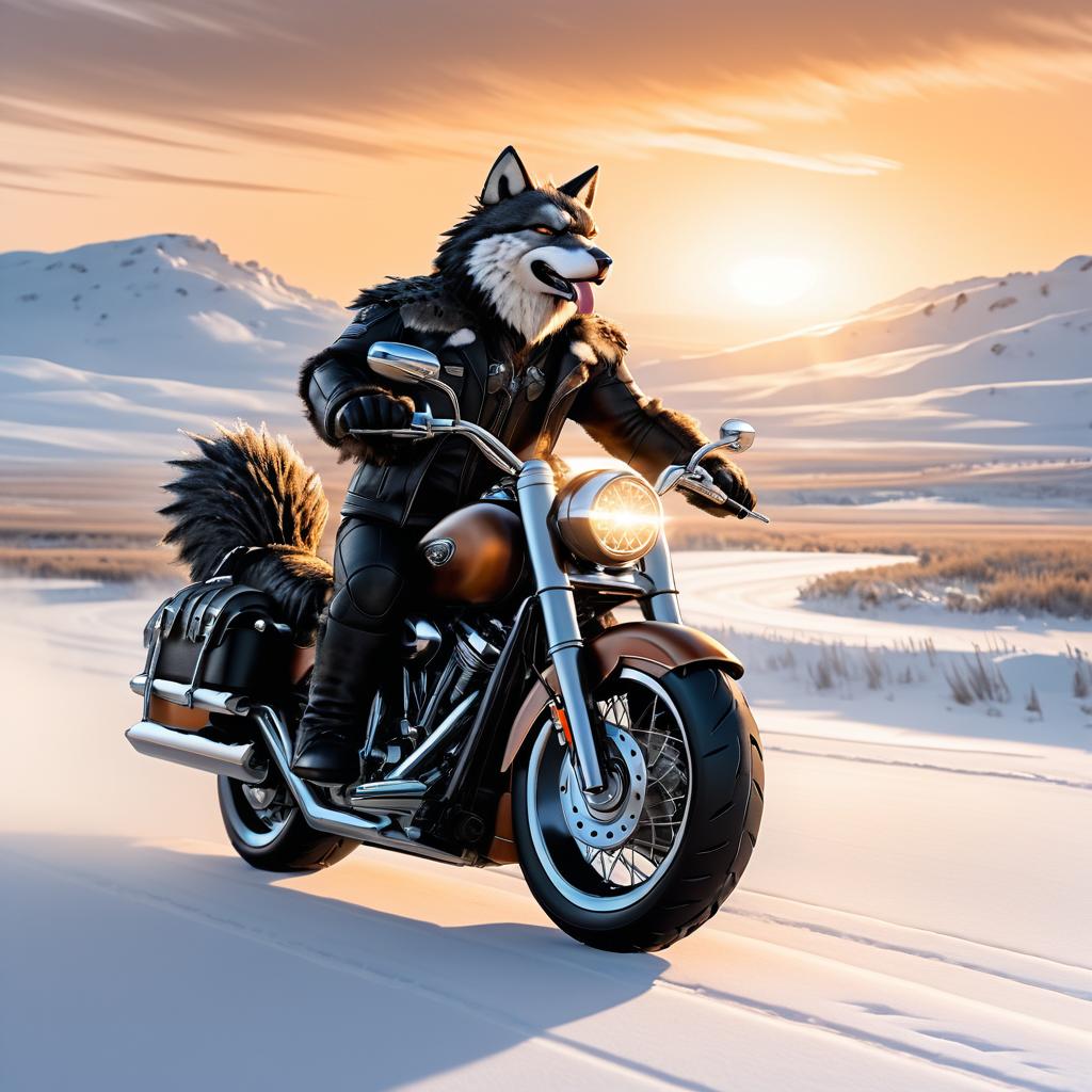 Anthropomorphic Wolf Biker in Tundra