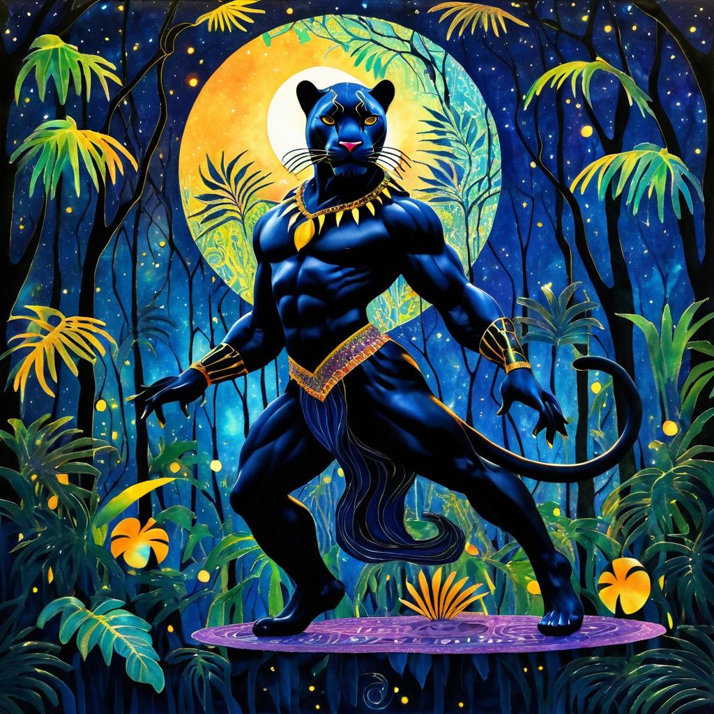 Magical Dancing Panther in Moonlit Jungle