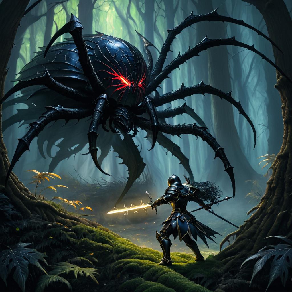 Knight vs Giant Spider in Dark Forest