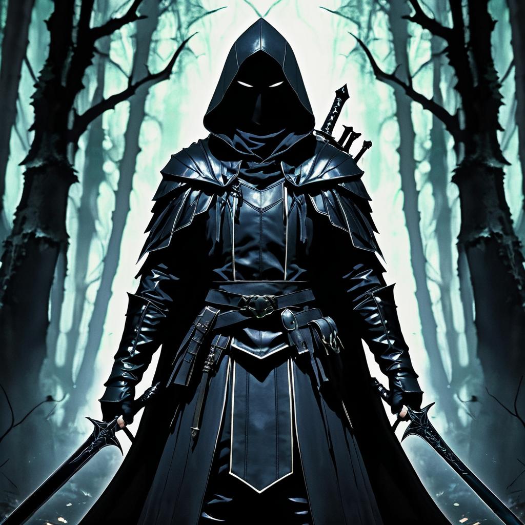 Cloaked Assassin in Shadowy Forest