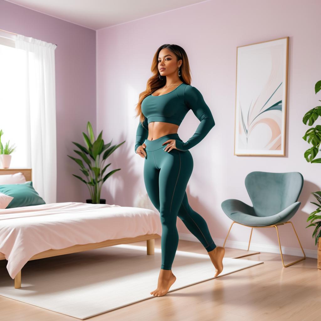 Timid Fitness Girl in Elegant Bedroom Pose