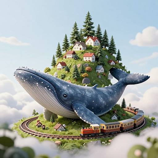 Whimsical digital illustration of a giant blue whale with sparkles, carrying a small village of red-roofed houses on a lush island, surrounded