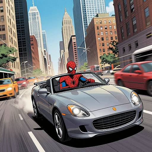Spiderman Driving Convertible in City
