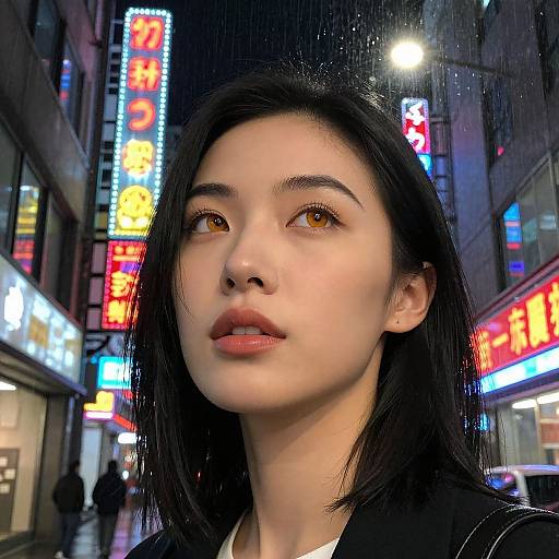 Photograph of an Asian woman with fair skin, black hair, and amber eyes, standing in a rainy, neon-lit urban street at night.