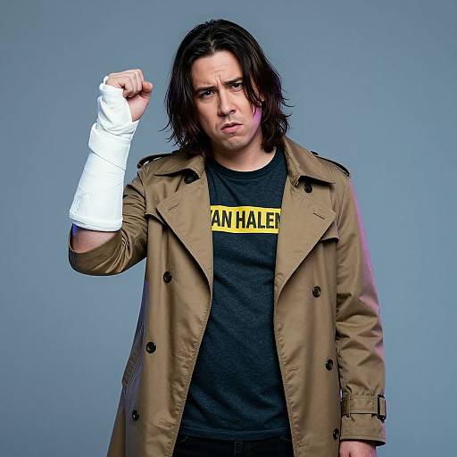 Photograph of a serious-looking man with shoulder-length black hair, wearing a tan coat, black shirt with 