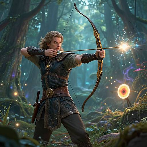 Photorealistic digital art of a blonde, muscular archer in dark, medieval attire, releasing a glowing arrow in a mystical, enchanted forest.