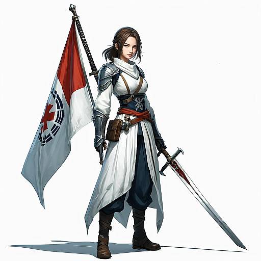 Digital illustration of a confident, brown-haired, Asian warrior woman in white and black samurai armor, holding a flag and sword, with a sword she
