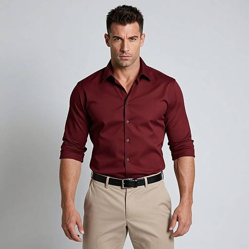 Photograph of a muscular, attractive Caucasian man with short dark hair, wearing a maroon button-up shirt, beige pants, and black belt, standing