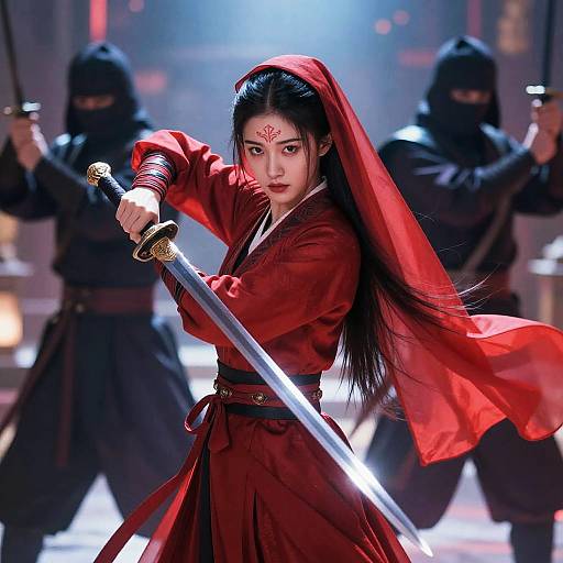 Digital art of an Asian woman in a red kimono and veil, holding a katana, facing two masked ninjas in a dimly lit,