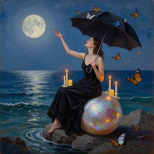 Photograph-like digital painting of a woman in a black dress, holding an umbrella with butterflies, gazing at the moon, surrounded by candles, a