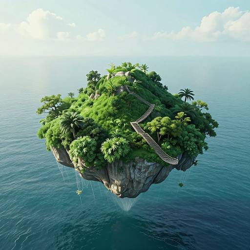 Photorealistic digital art of a lush, tropical island floating on calm, blue ocean, with a wooden bridge connecting two green, palm tree-covered rocky