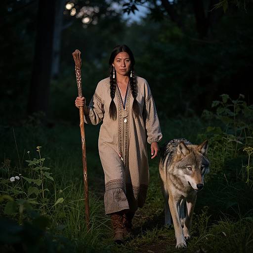 Photograph of a Native American woman with long braids, wearing a beige, intricately embroidered tunic, walking at night with a grey wolf by