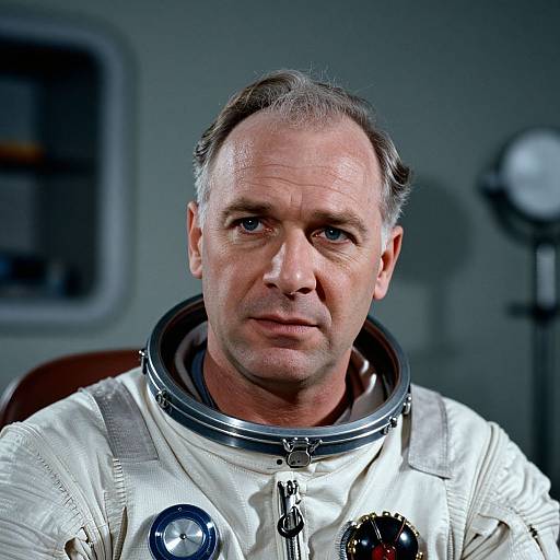 Photograph of a middle-aged Caucasian man with short gray hair, wearing a white astronaut suit with a high collar, in a dimly lit room,