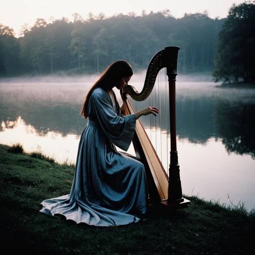 Harpist by Misty Lake at Dawn