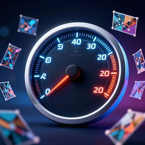 Digital CGI of a neon-lit speedometer with glowing blue and red numbers, surrounded by colorful, abstract, geometric shapes.