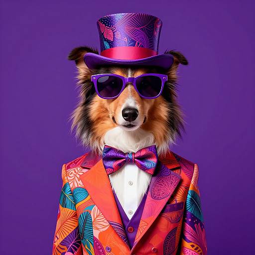 Photograph of a Border Collie wearing a vibrant red floral jacket, purple top hat, red bowtie, purple sunglasses, against a solid purple background