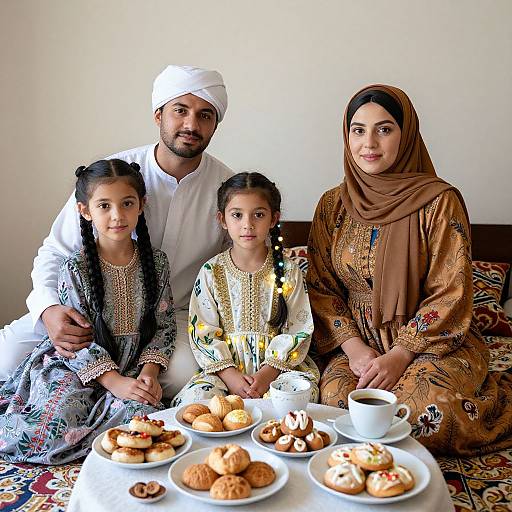Photograph of a Middle Eastern family: man in white thobe, woman in brown embroidered dress, two girls in traditional clothes, seated with plates of