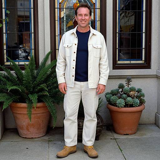 Photograph of a smiling man with short brown hair, wearing a white jacket, black shirt, white pants, and tan boots, standing in front of