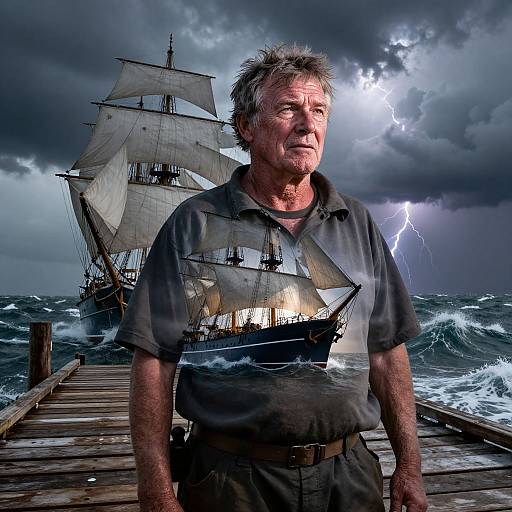 Photograph of an older man with weathered face, gray hair, and reflective shirt, standing on wooden pier against stormy sea and ship in background