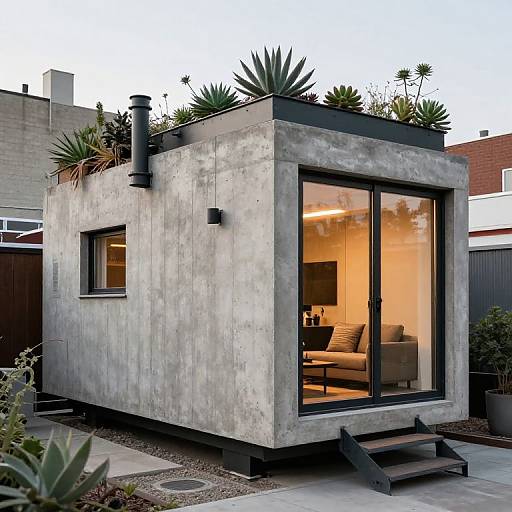 Photograph of a modern, concrete, cube-shaped backyard guest house with large glass windows, potted plants on the roof, and warm interior lighting.