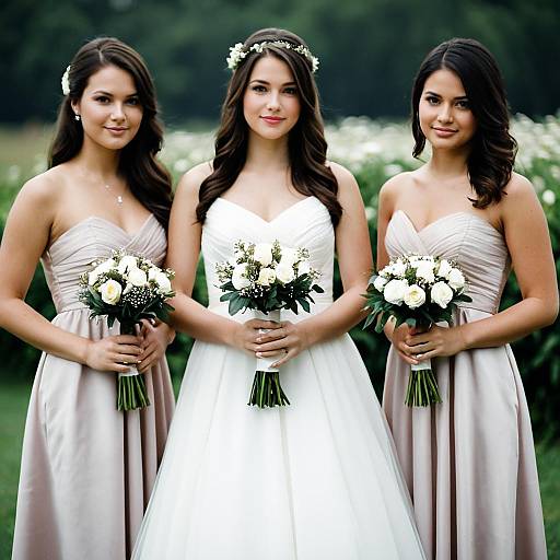 Bride with Two Bridesmaids Holding Bouquets