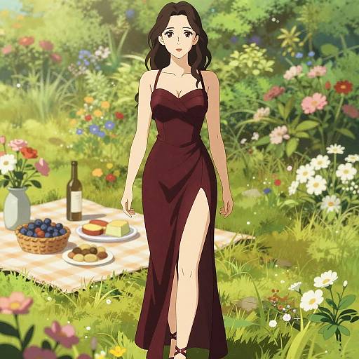 Woman in Burgundy Evening Gown in Floral Meadow