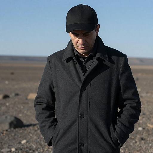 Somber Middle-Aged Man in Black Coat and Cap