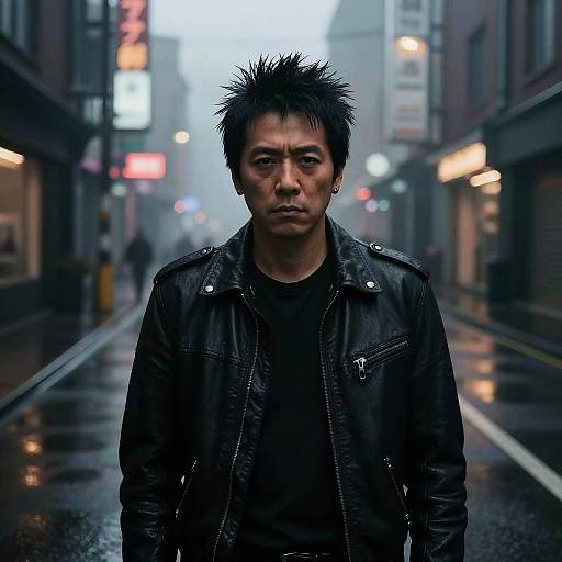 Photorealistic image of a serious Asian man with spiky black hair, wearing a black leather jacket, standing in a foggy, wet urban street