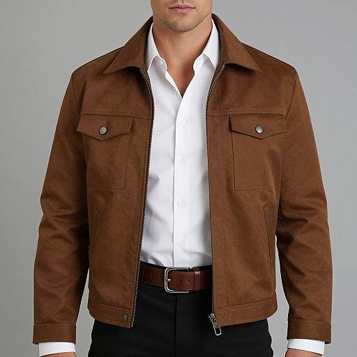 Photograph of a muscular man with light skin, wearing a brown suede jacket over a white button-up shirt and black pants.