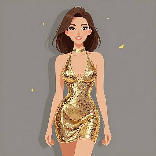 Digital illustration of a smiling woman with brown hair, wearing a shimmering gold sequin halter dress and choker, standing against a gray background.