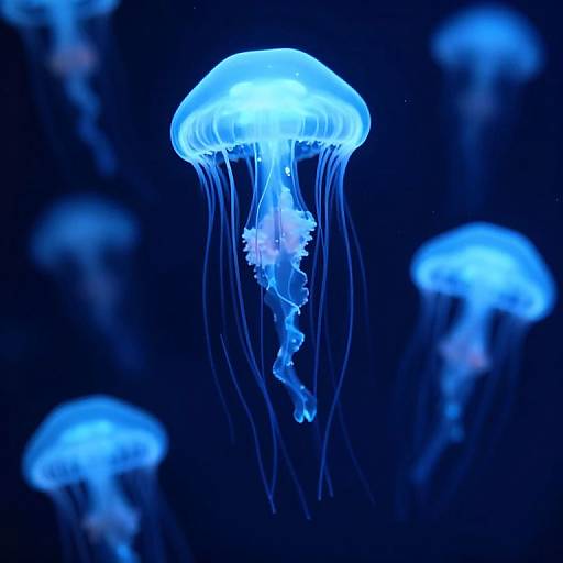 Photograph of glowing blue jellyfish with translucent, umbrella-shaped bodies and long, dangling tentacles, floating against a dark blue background.
