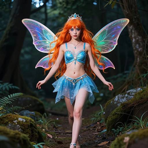 Photorealistic digital art of a fairy with long orange hair, blue wings, blue bikini top and skirt, tiara, in a dark forest.