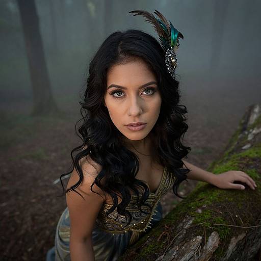 Photograph of a dark-haired woman with blue eyes, wearing a vintage, feathered headpiece, and patterned dress, leaning on a moss-covered