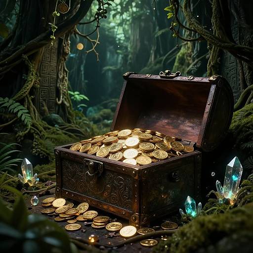 Photorealistic digital artwork of an ornate treasure chest overflowing with glowing coins, surrounded by bioluminescent crystals in a dense, mystical forest.