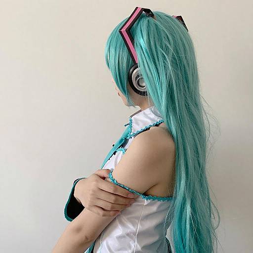 Turquoise-Haired Figure Embraced Behind