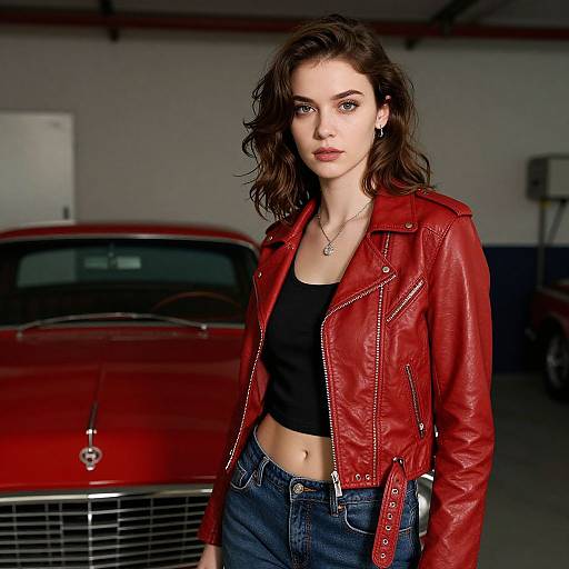 Photograph of a young woman with wavy brown hair, wearing a red leather jacket, black crop top, and blue jeans, standing in front of