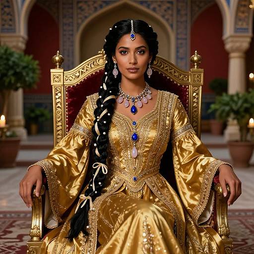 Photorealistic digital artwork of an Indian woman with long black braided hair, wearing a gold embroidered lehenga, seated on an ornate golden throne