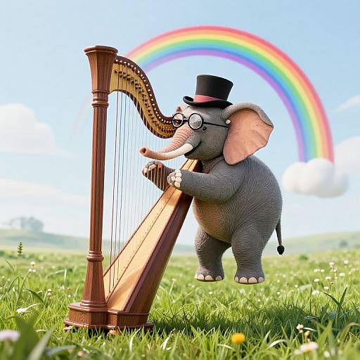 Digital illustration of a gray baby elephant wearing a top hat and glasses, playing a wooden harp in a grassy field with a vibrant rainbow in the