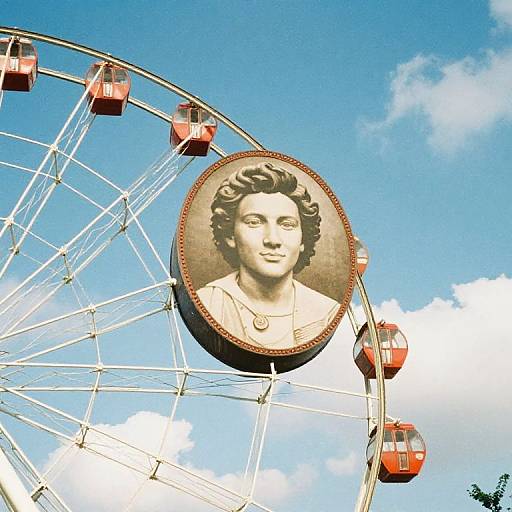 Photograph of a large Ferris wheel with a detailed black-and-white portrait of a woman in a circular frame against a bright blue sky. Red cabins