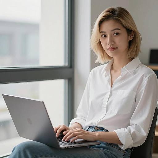 Realistic Portrait of a Girl with Laptop