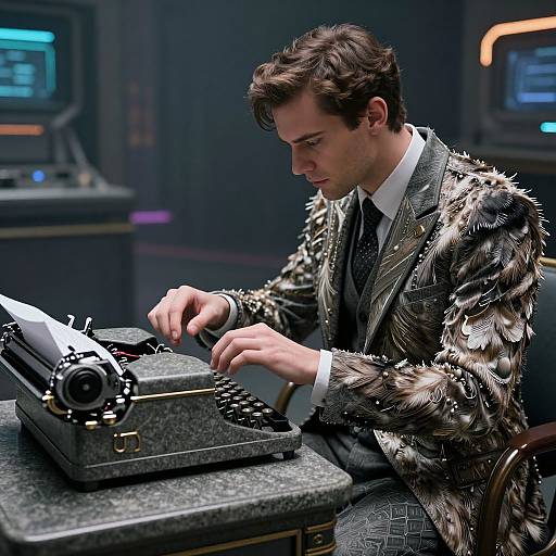 Photograph of a young man with short brown hair, wearing a shiny, feathered grey suit, typing on an old-fashioned black typewriter in a