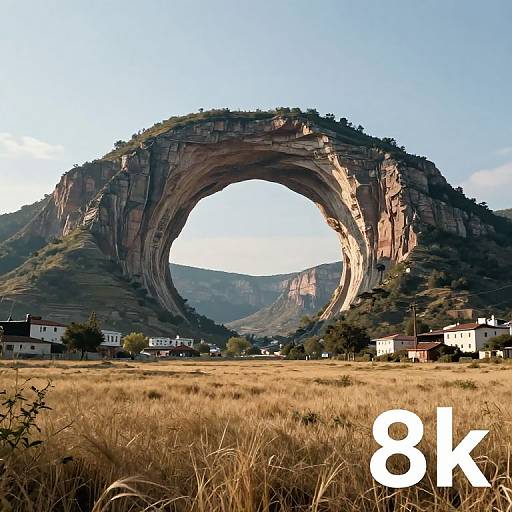 Photograph of a natural rock arch formation in a rural landscape with houses, grassy field, and clear blue sky; 