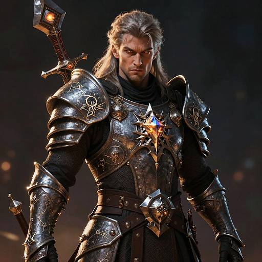 Digital artwork of a stern, silver-haired warrior in ornate, glowing black and silver armor, holding a massive, ornate sword, against a dark